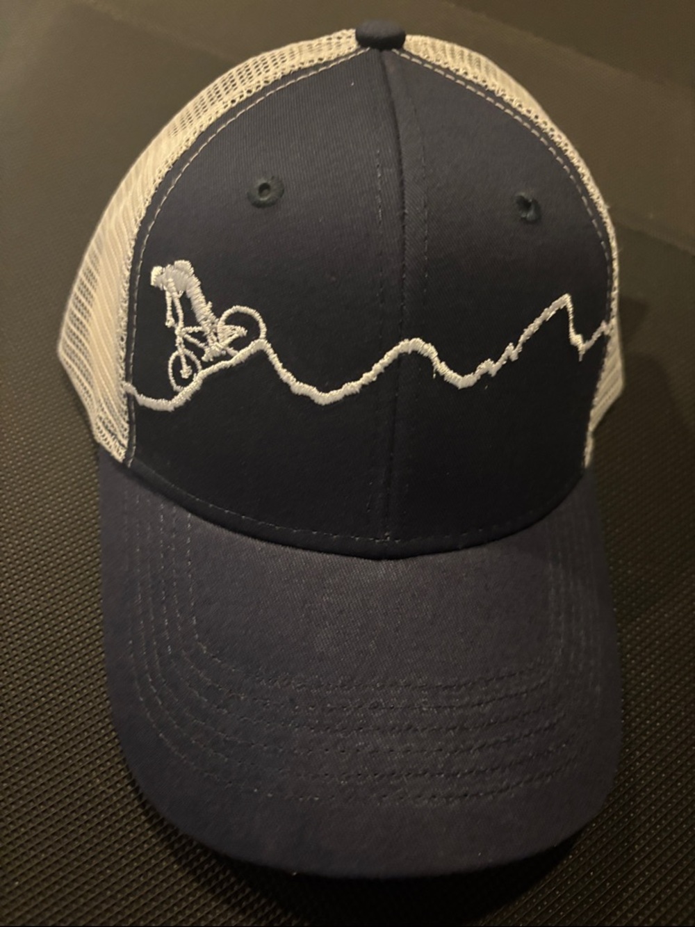 NWT Locale Navy and White Trucker Hat with Mountain Bike Embroidery